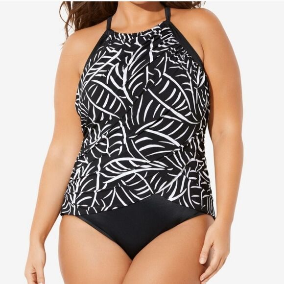 Trimshaper Hard to Be Leaf Black White Ruched Neck One Piece Swimsuit Size 20W - Picture 1 of 10